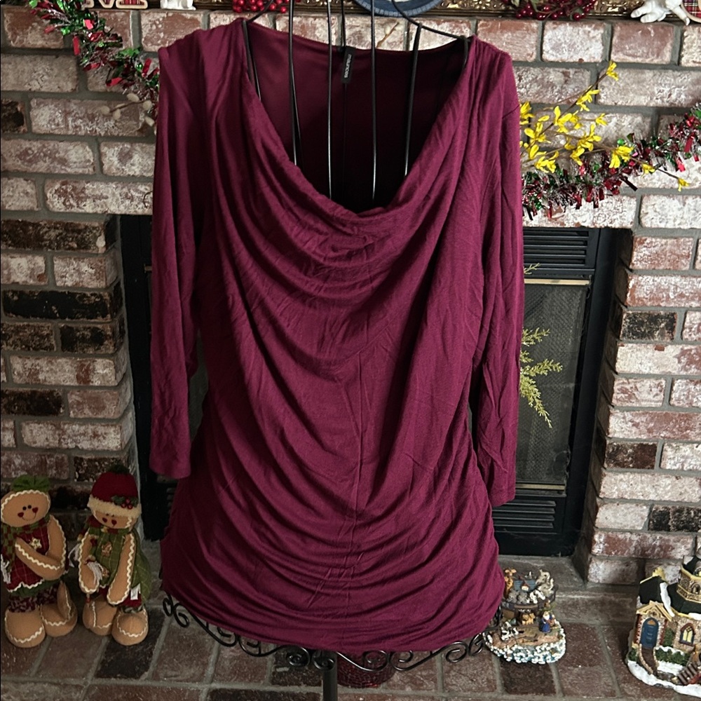 Maurices Burgundy Cowl Neck Ruched 3/4 Sleeve Top Sz XL